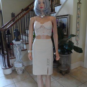 Worth Ivory Cream Pencil Skirt W/ Lattice Leather Detail Size 0